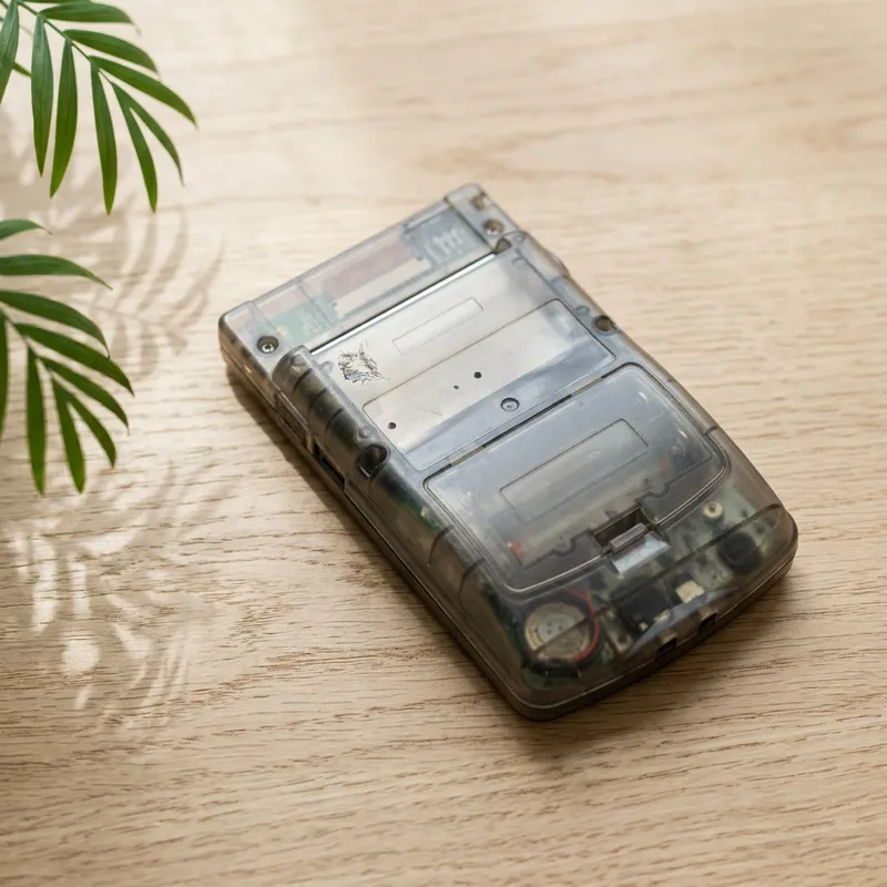 Generated image: a handheld game console with a clear smoke-grey shell on a light wooden table