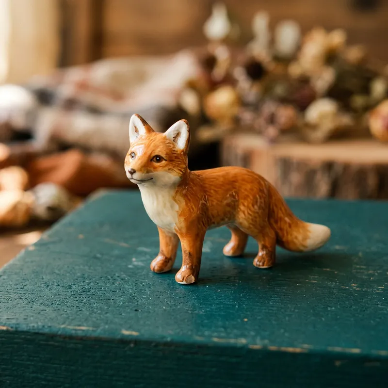 Generated image: a small glazed ceramic fox figurine on a teal painted box