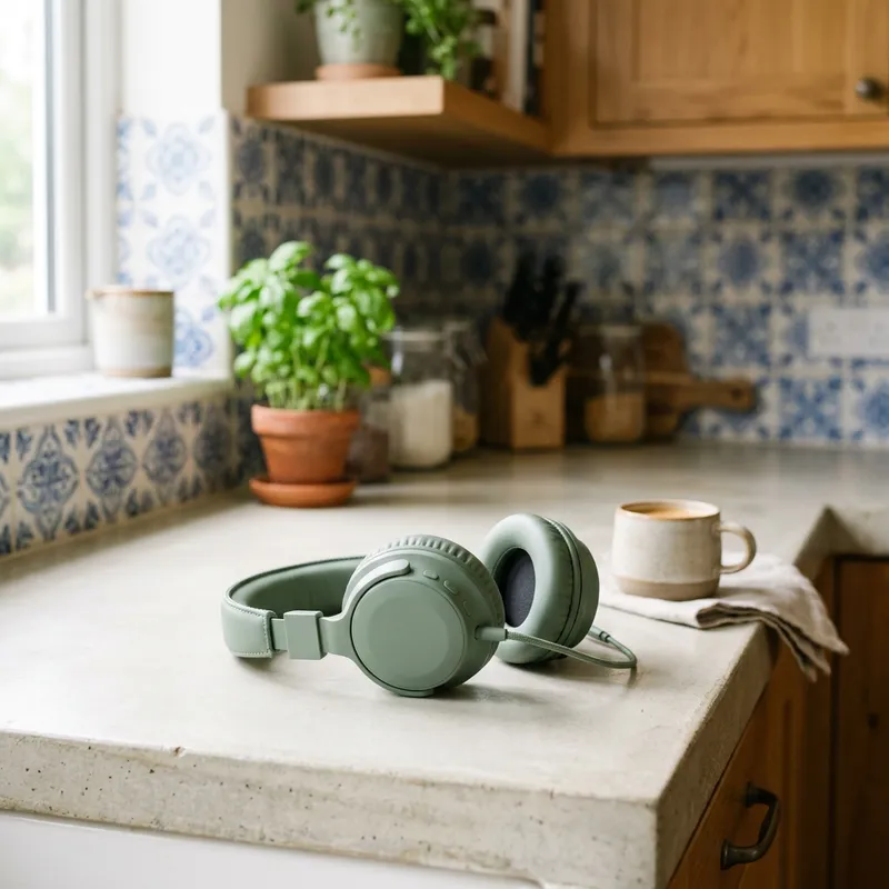Generated image: sage green over-ear headphones on a concrete kitchen counter next to a cup