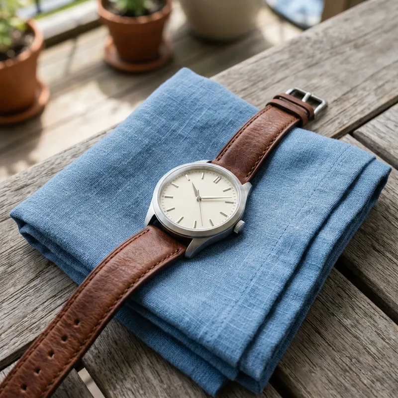 Generated image: a steel wristwatch with a cream dial and a brown leather strap on a folded blue cloth