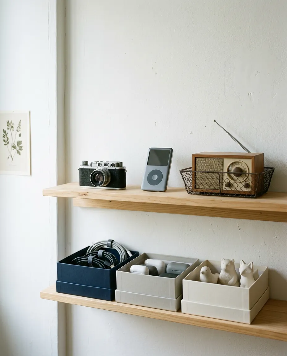 Generated image: two wooden shelves holding a camera, a music player and a radio above three lidded boxes of cables, earbuds and small figurines